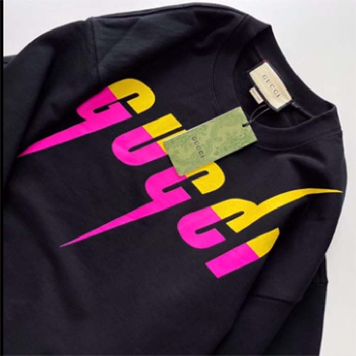 Gucci Men GG Cotton Jersey Printed Sweatshirt Black Felted Blade Print Crewneck Long Sleeves