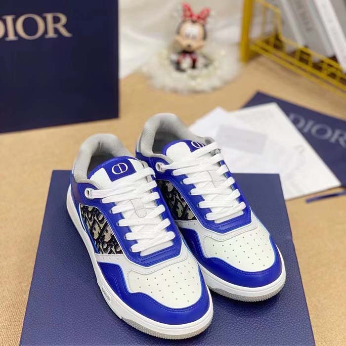 Dior Unisex Shoes CD B27 Low-Top Sneaker Blue Gray White Smooth Calfskin Oblique Jacquard