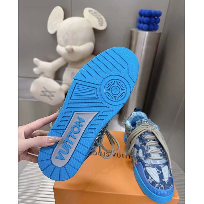 Louis Vuitton Unisex LV Skate Sneaker Blue Swarovski Crystals Monogram Denim Double Laces Rubber