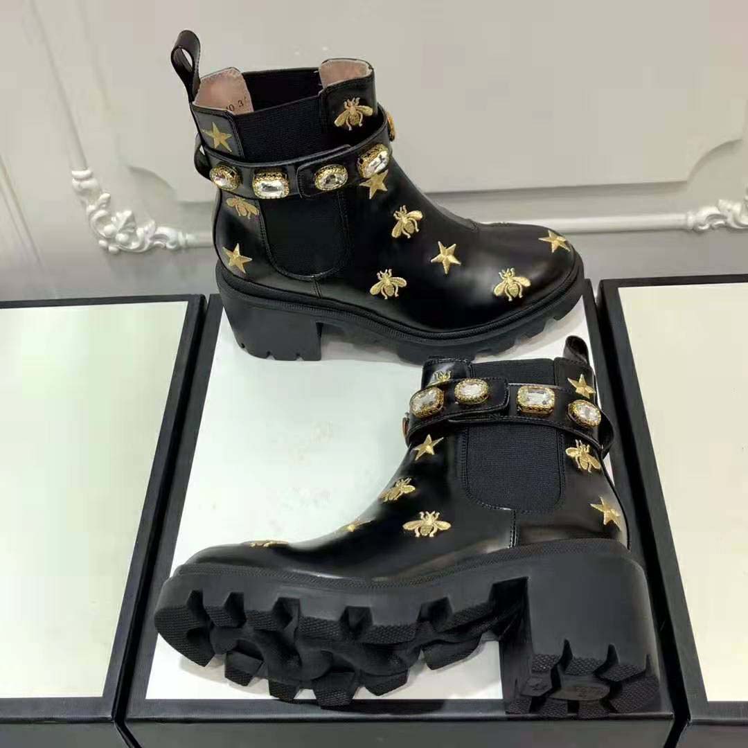 Gucci Women Gucci Embroidered Leather Ankle Boot with Belt in Black leather 6 cm Heel