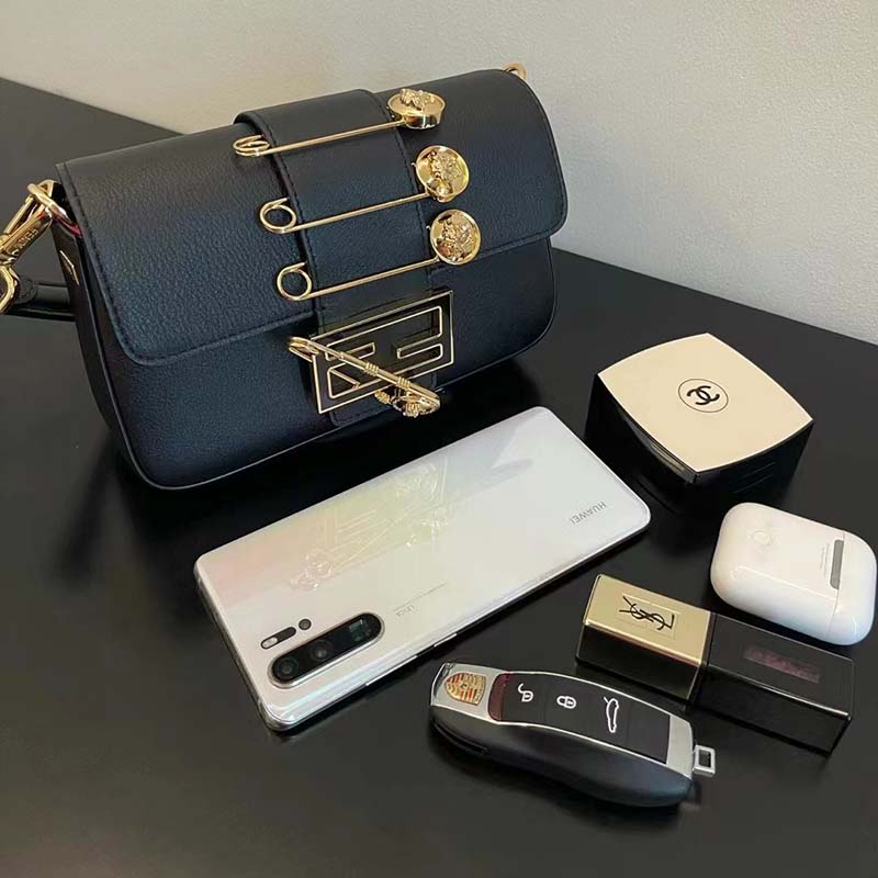 Fendi Women FF Brooch Mini Baguette Fendace Black Leather Bag