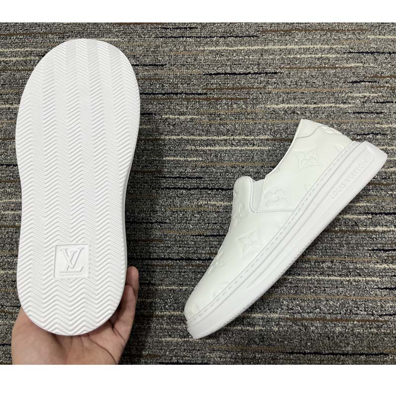 Louis Vuitton LV Unisex Beverly Hills Slip-On Sneaker White Monogram Embossed Calf Leather