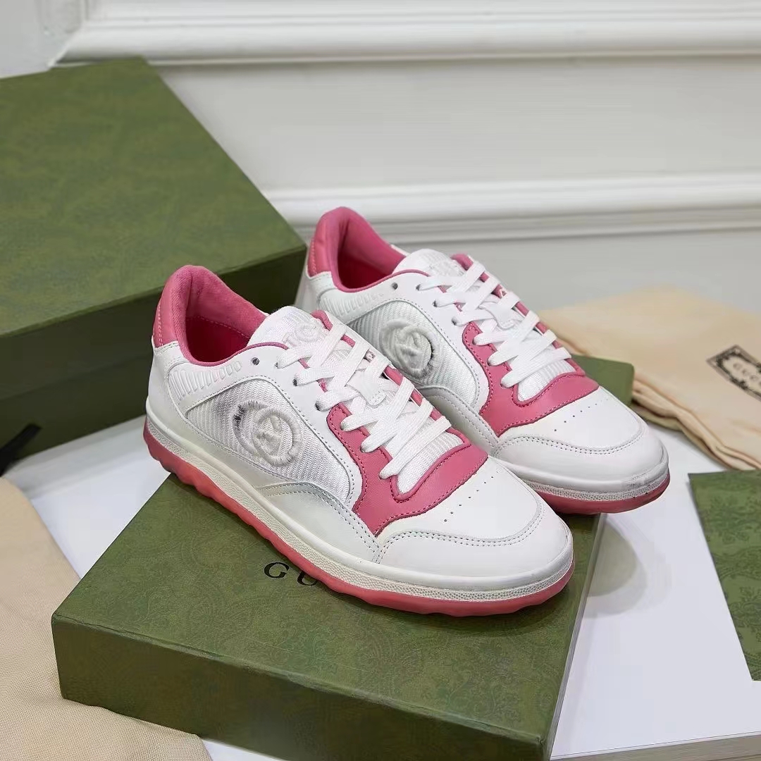 Gucci Unisex GG MAC80 Sneakers Off White Pink Leather Round Toe Rubber Flat