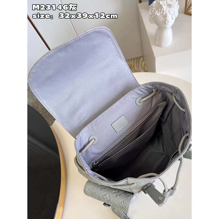 Louis Vuitton LV Unisex Christopher MM Backpack Mineral Gray Embossed Taurillon Monogram Cowhide Leather