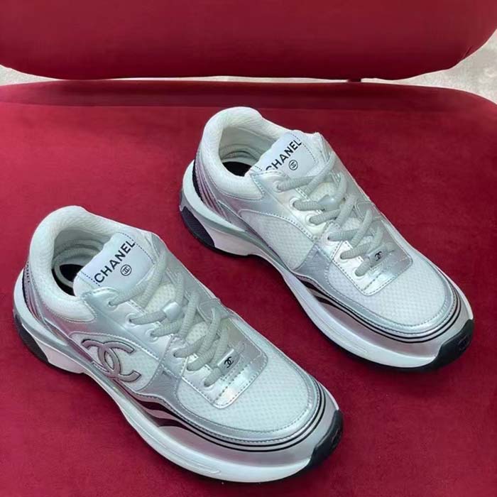 Chanel Women CC Sneakers Fabric Laminated White Silver 1 Cm Heel