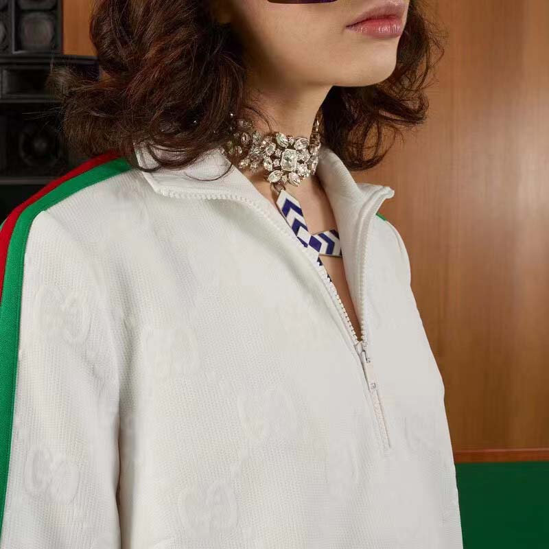 Gucci Women GG Jersey Jacquard Dress White High Neck Polyester Green Red Web