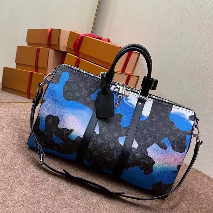 Louis Vuitton LV Unisex Keepall 55B Sunrise Monogram Eclipse Coated Canvas Cowhide Leather