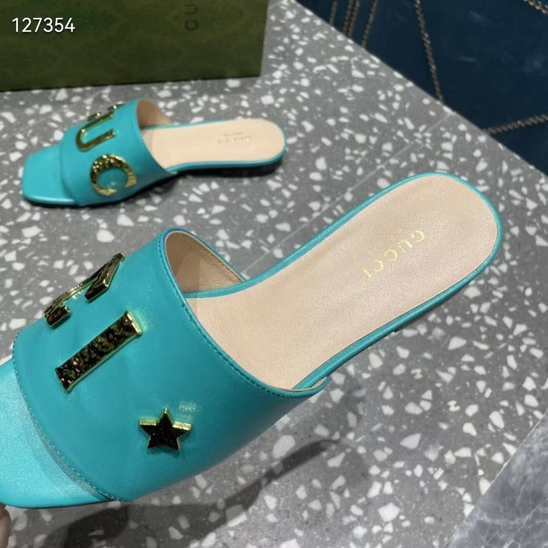 Gucci Women GG Slide Sandal Turquoise Leather Textured Logo Star Flat 1 Cm Heel