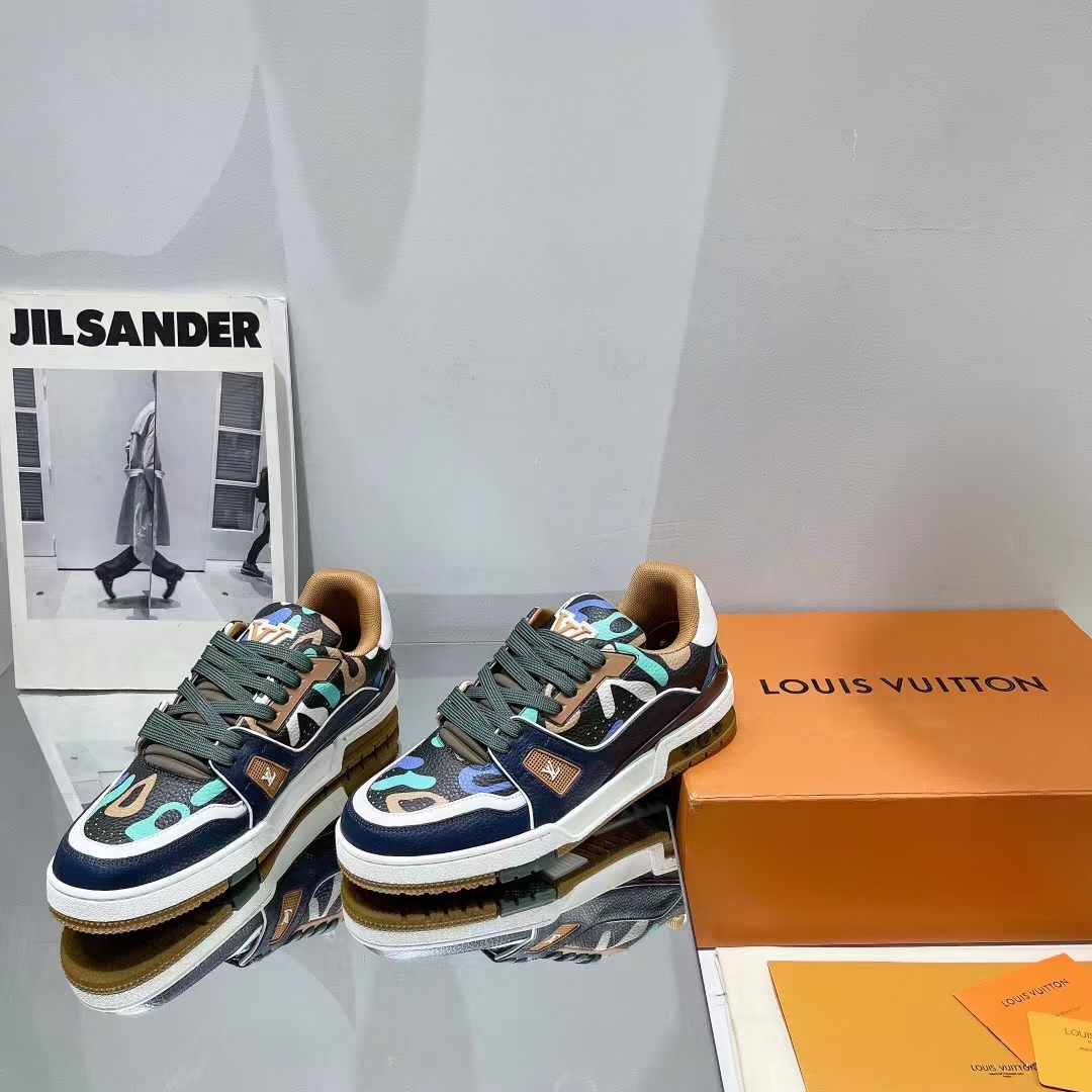 Louis Vuitton Unisex LV x YK LV Trainer Sneaker Khaki Green Camouflage-Printed Canvas Grained Calf