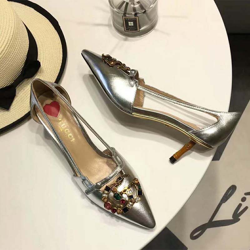 Gucci Women Shoes Metallic Leather Pump with Crystal Double G 50mm Heel-Silver