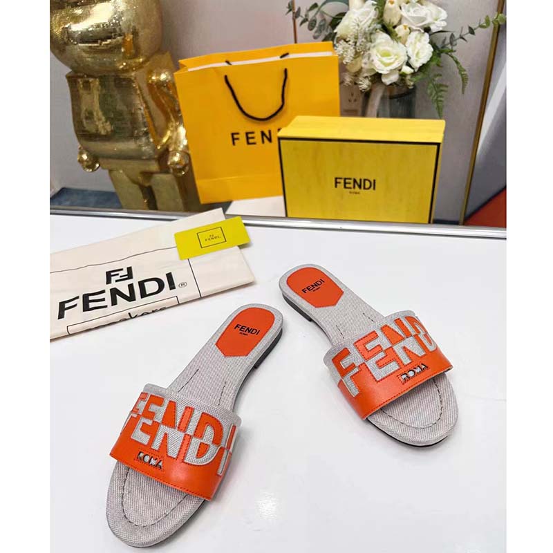 Fendi Women FF Signature Canvas Brown Leather Slides 1 Cm Heel