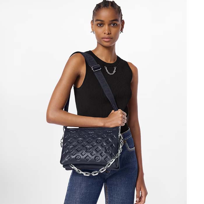 Louis Vuitton LV Women Coussin PM Handbag Marine Blue Monogram Embossed Puffy Lambskin Calfskin Leather