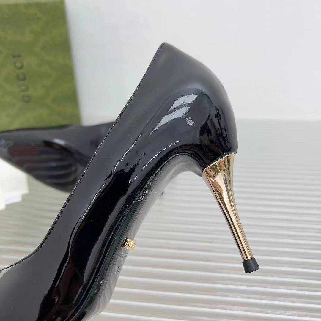 Gucci Women GG High Heel Pump Black Leather Pointed Toe 10 CM Heel