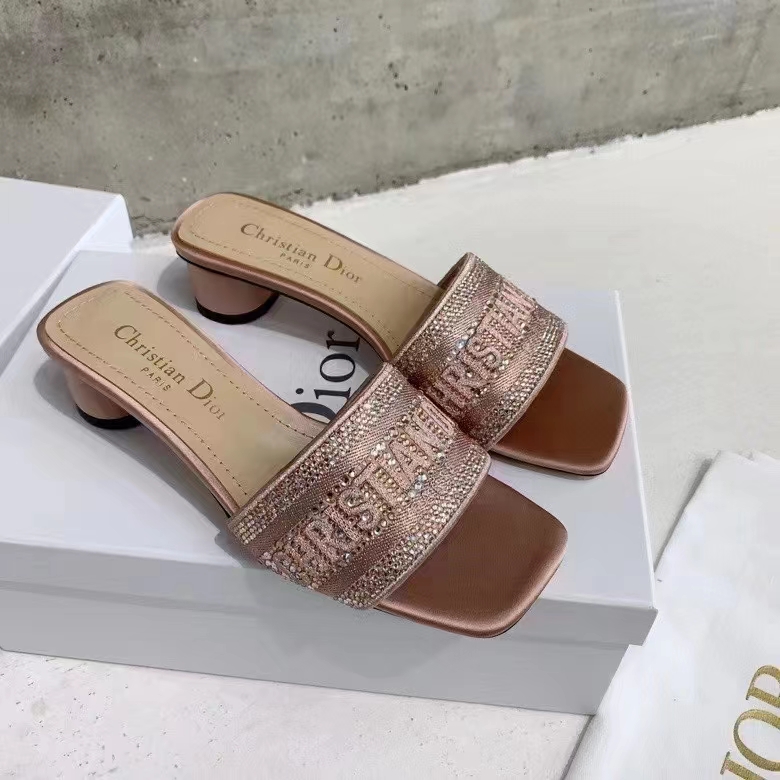 Dior Women CD Dway Heeled Slide Rose Des Vents Cotton Embroidered Metallic Thread Strass