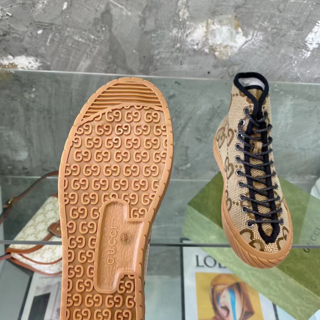 Gucci Unisex High-Top Maxi GG Sneaker Camel Ebony Canvas Low 3 Cm Heel