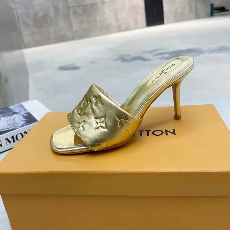 Louis Vuitton LV Women Revival Mule Gold Monogram Embossed Metallic Lambskin