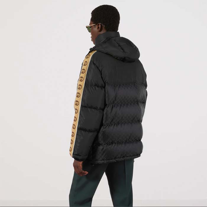 Gucci Men GG Black Jacquard Nylon Padded Coat Camel Brown Interlocking G Stripe Down Goose Feather