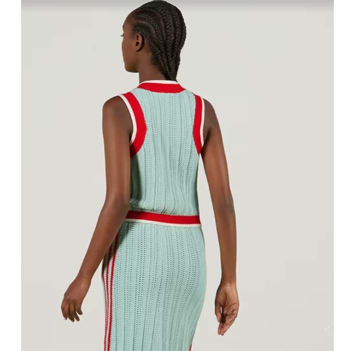 Gucci Women GG Adidas x Gucci Rib Stitch Sleeveless Top Cotton Trefoil Embroidery Knit V-Neck