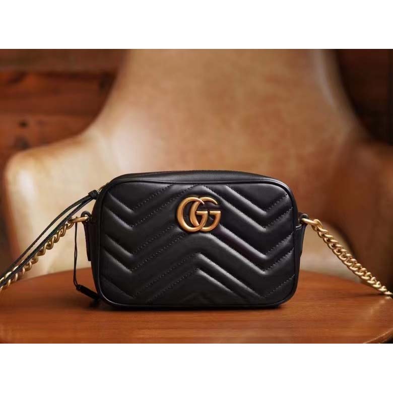 Gucci Women GG Marmont Matelassé Mini Bag Black Matelassé Chevron Leather Double G