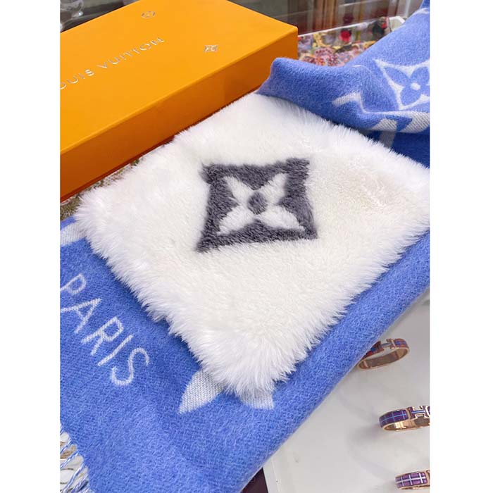 Louis Vuitton LV Unisex Cold Reykjavik Scarf Denim Blue Allover Monogram Flowers Cashmere