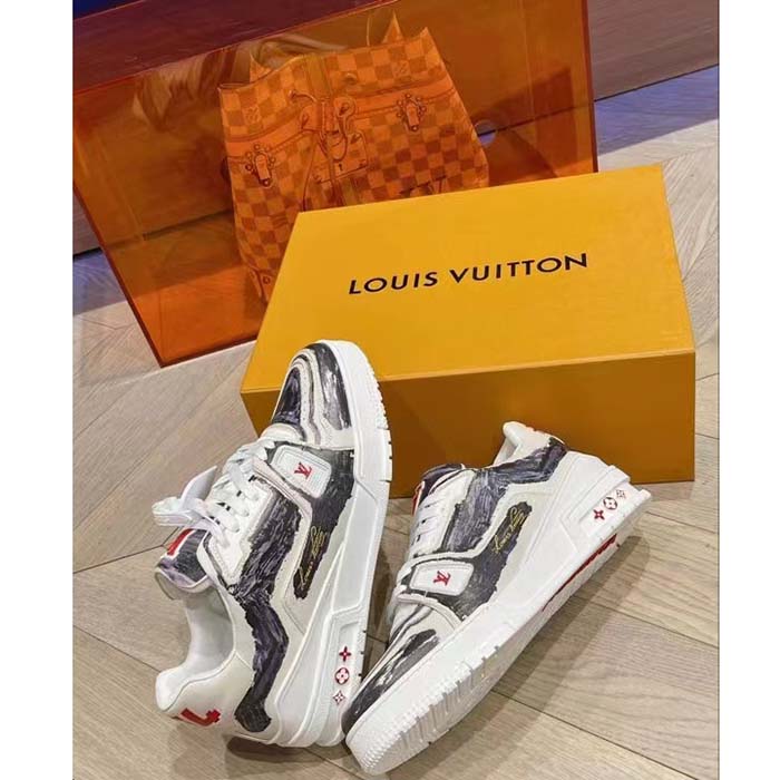 Louis Vuitton Unisex LV Trainer Sneaker Black Printed Calf Leather Rubber Outsole Initials