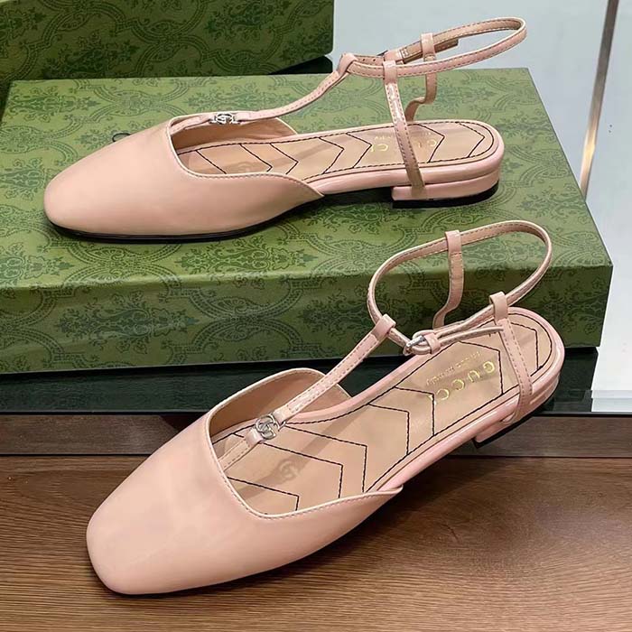 Gucci Women GG Double G Ballet Flat Light Pink Patent Leather Square Toe