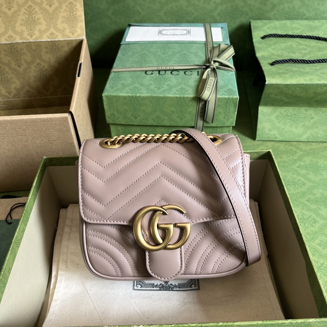 Gucci Women GG Marmont Matelassé Mini Shoulder Bag Pink Matelassé Chevron Leather