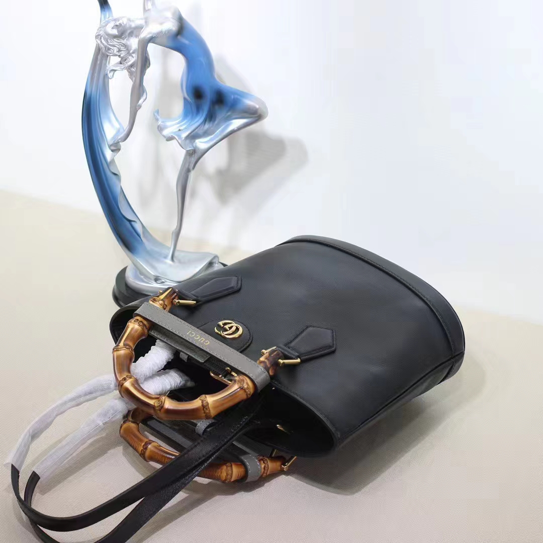 Gucci Women GG Diana Small Tote Bag Black Leather Gold-Toned Hardware Double G