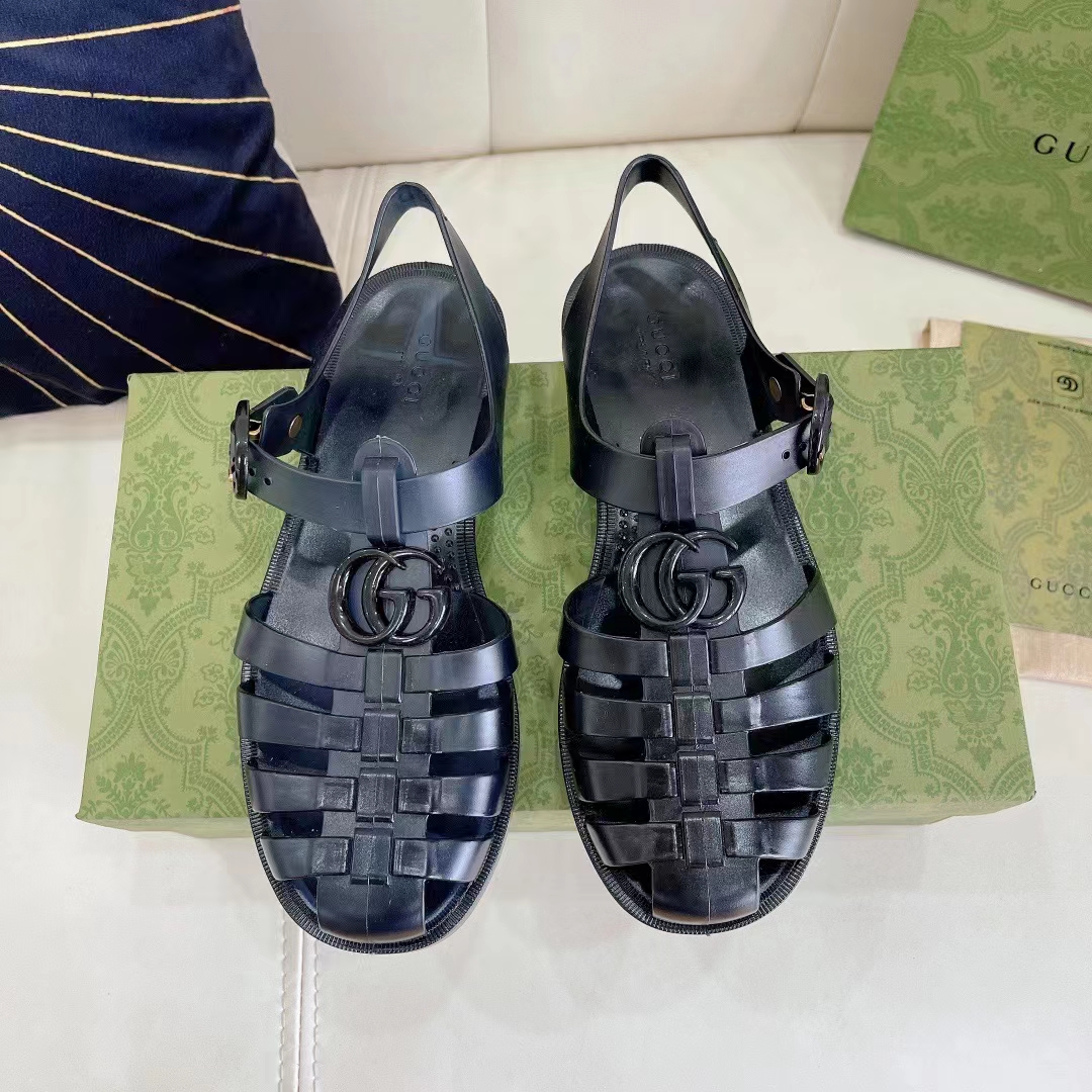 Gucci Unisex GG Sandal Double G Black Rubber Sole Ankle Buckle Flat