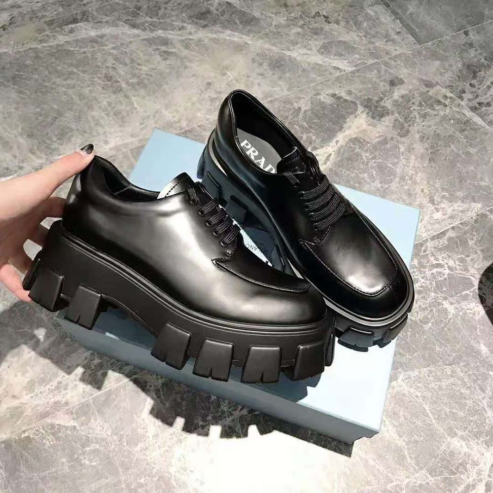 Prada Women Monolith Brushed Calf Leather Lace-Up Shoes-Black