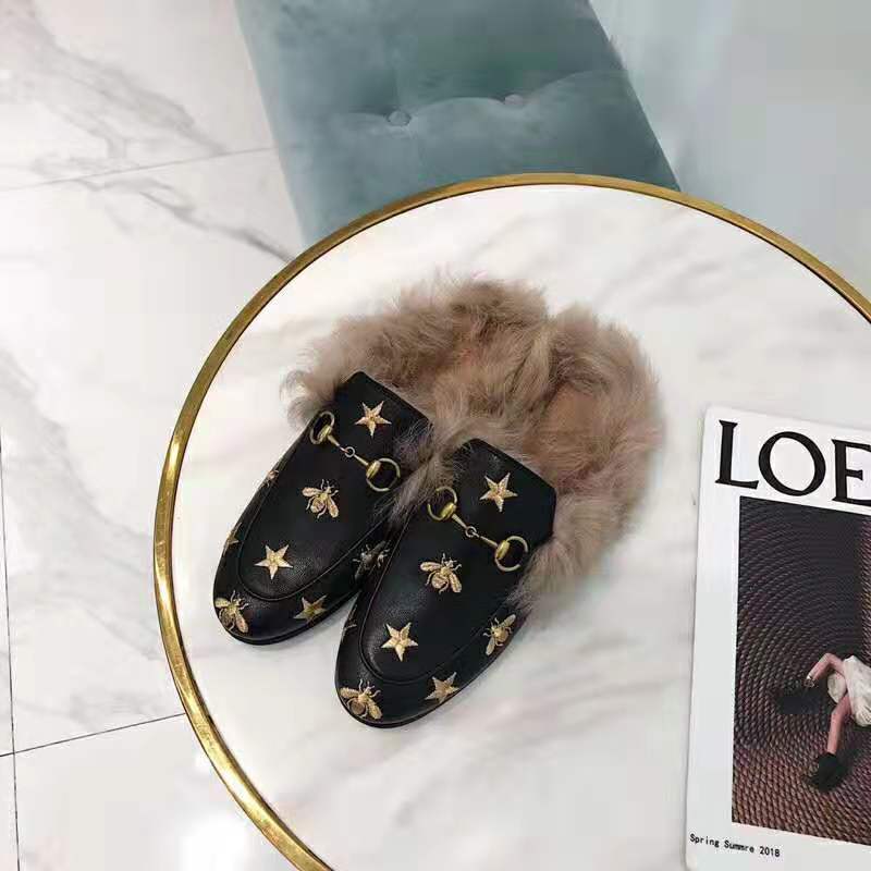 Gucci Unisex Princetown Embroidered Leather Slipper with Bees and Stars in Lamb Wool-Black