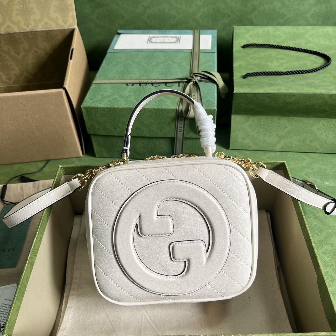 Gucci Women GG Blondie Top Handle Bag White Leather Round Interlocking G