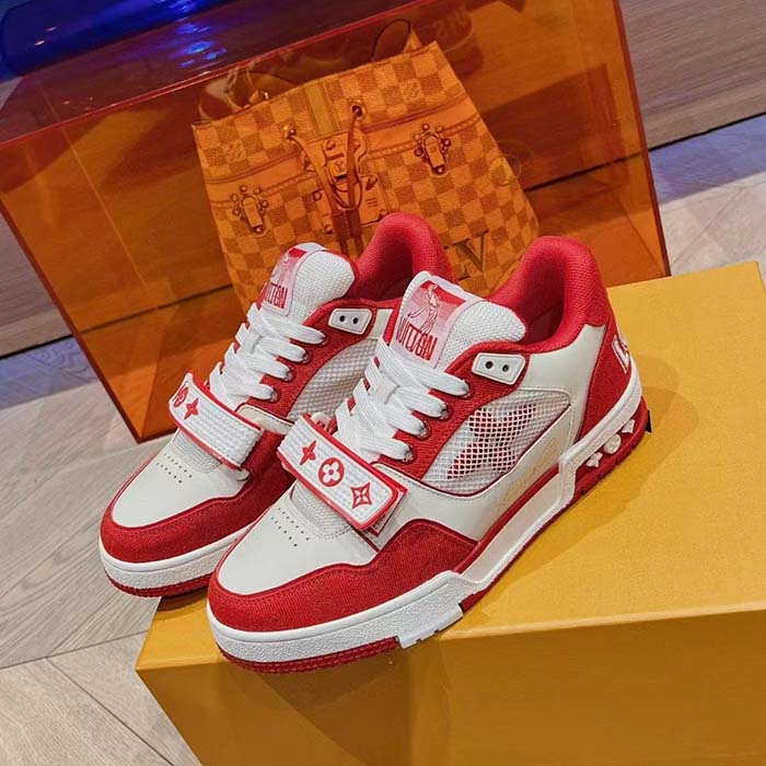 Louis Vuitton LV Unisex Trainer Sneaker Red Monogram Denim Rubber Outsole Monogram Flower
