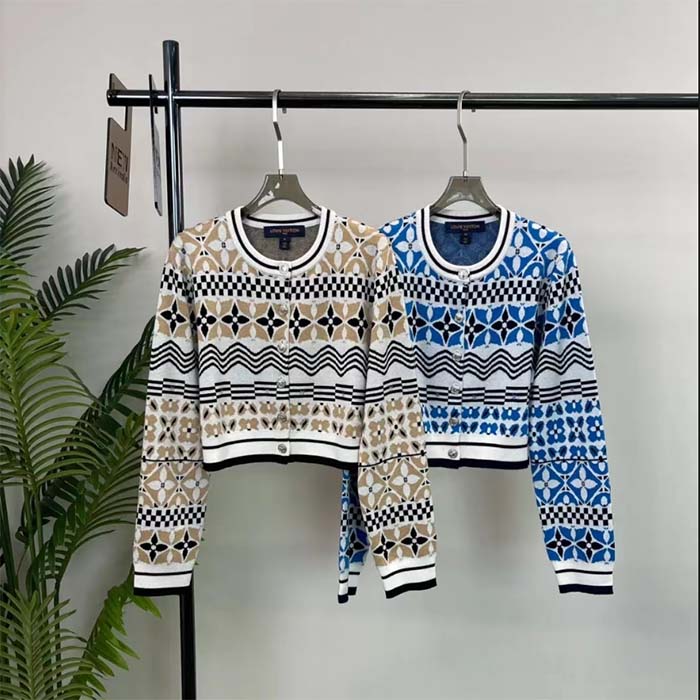 Louis Vuitton Women LV Monogram Tile Jacquard Cropped Cardigan Champagne Beige Regular Fit