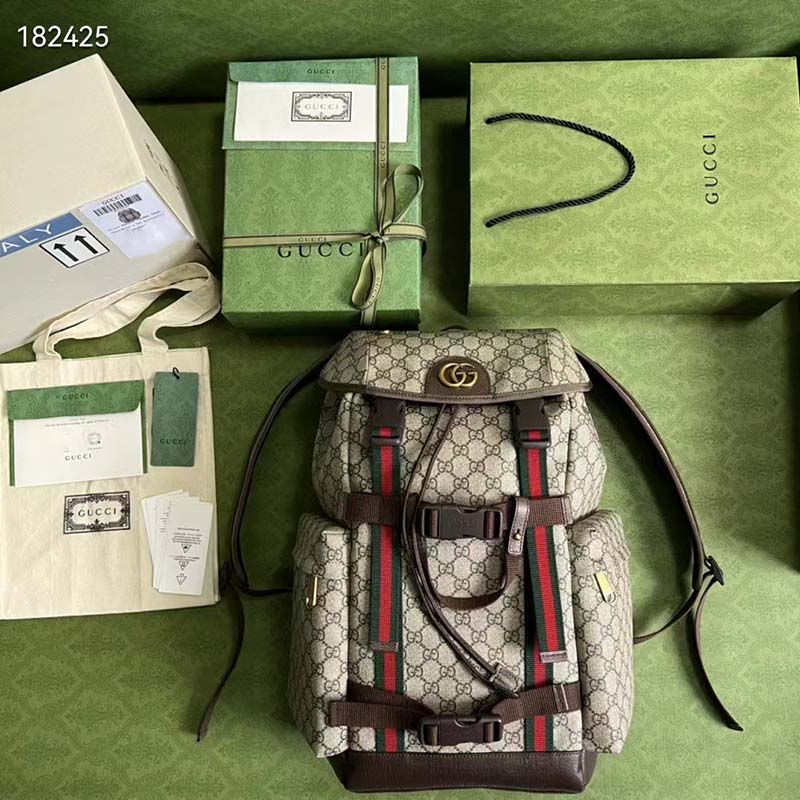 Gucci Unisex Skateboard Backpack Web Beige Ebony GG Supreme Canvas