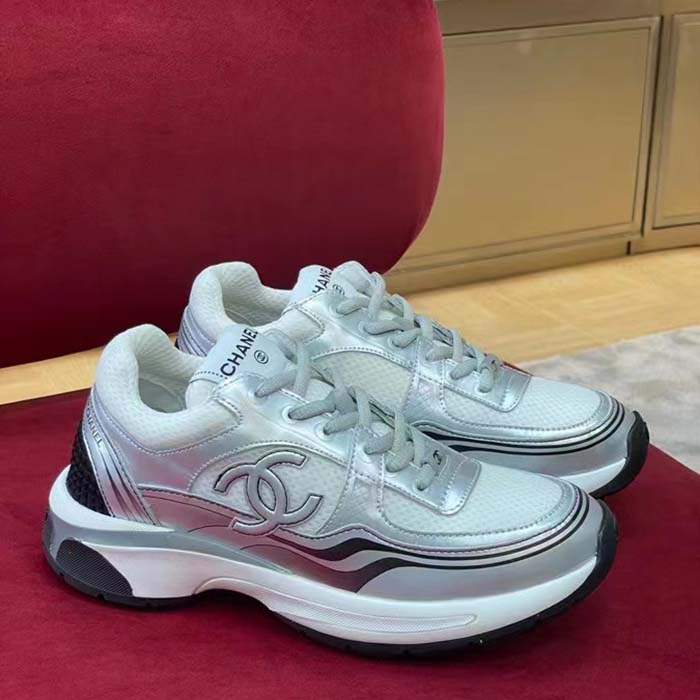 Chanel Women CC Sneakers Fabric Laminated White Silver 1 Cm Heel