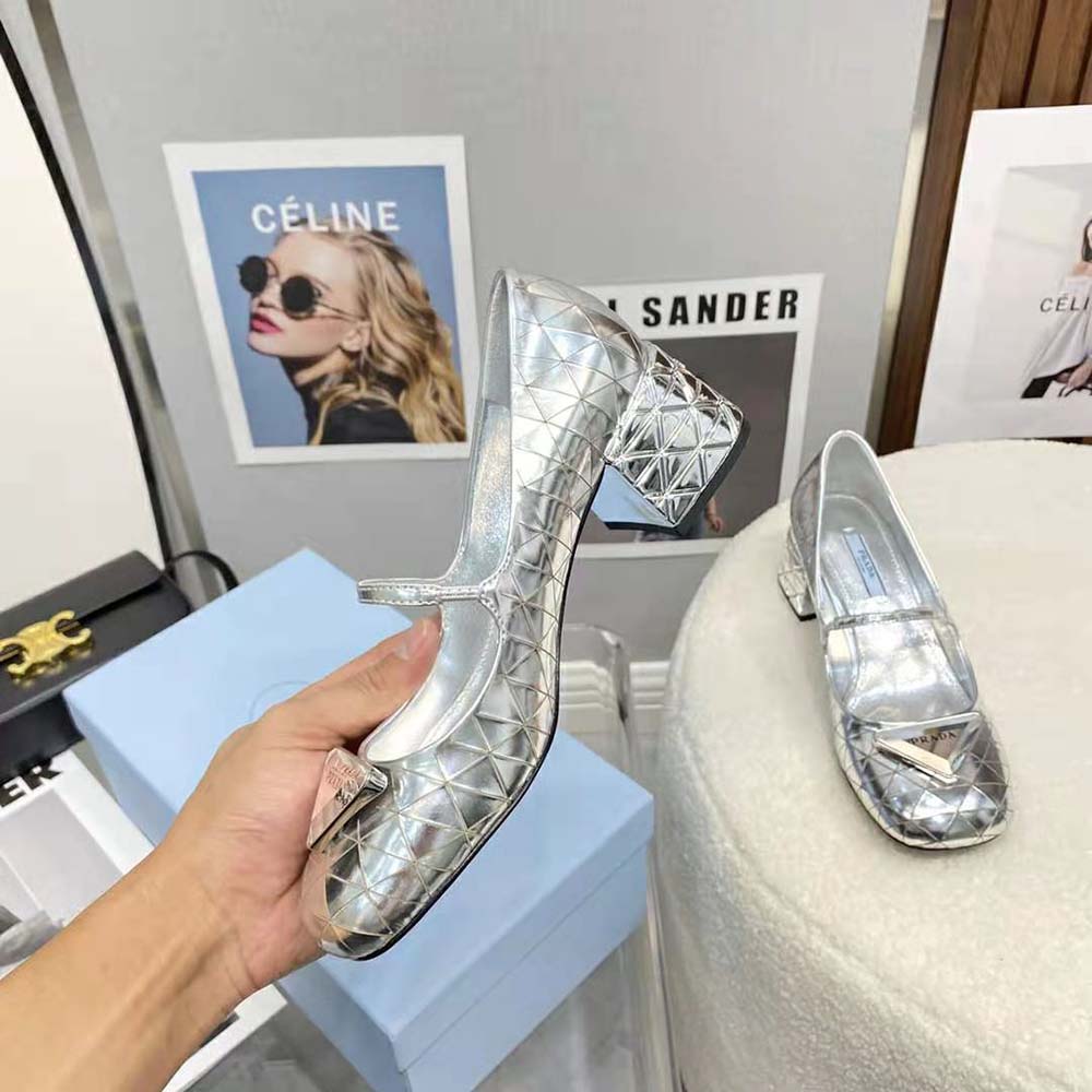 Prada Women Metallic Leather Pumps in 45mm Heel Height-Silver