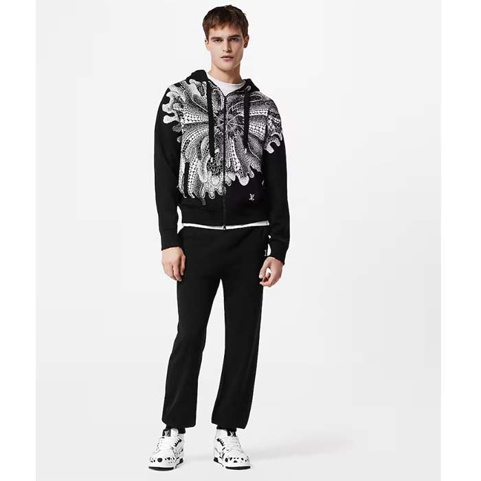 Louis Vuitton Men LV x YK Psychedelic Flower Zipped Hoodie Wool Polyamide Black White Regular Fit