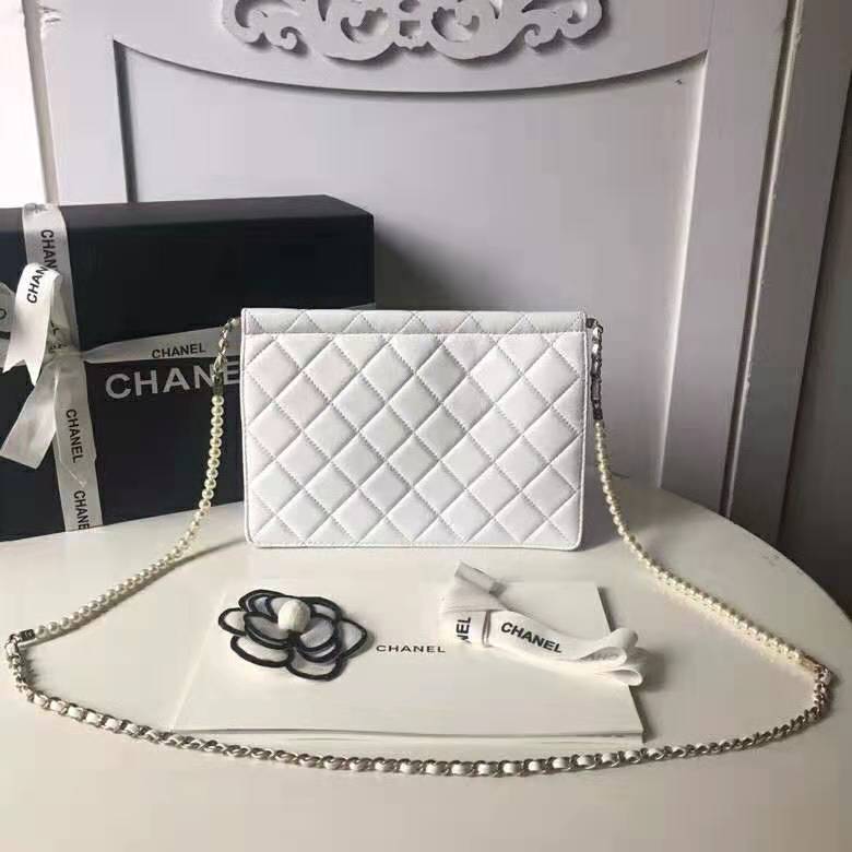 Chanel Women Flap Bag White Ringer Pearl in Goatskin Leather