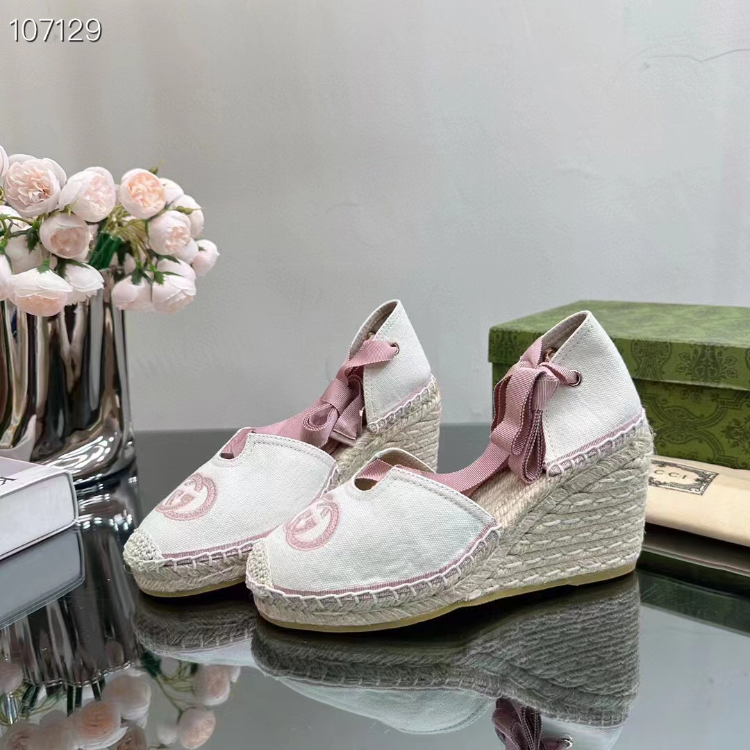 Gucci Women Espadrilles Ribbon Tie White Cotton Canvas Pink Interlocking G Embroidery