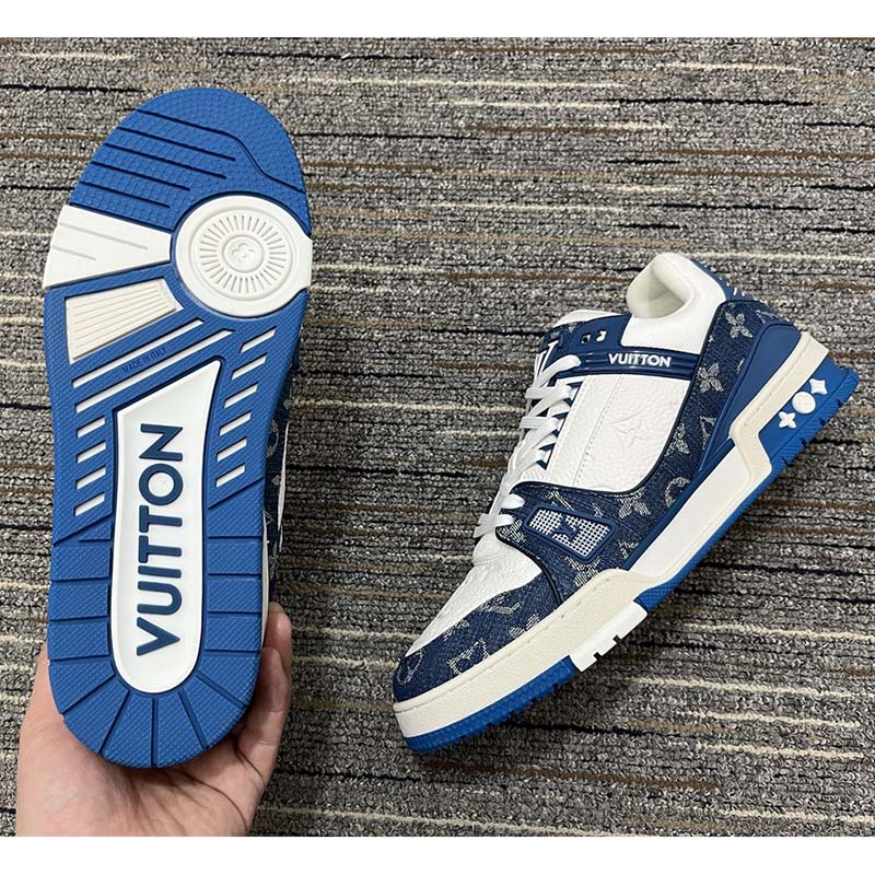 Louis Vuitton Unisex LV Trainer Sneaker Blue Monogram Denim Embossed Grained Calf Leather