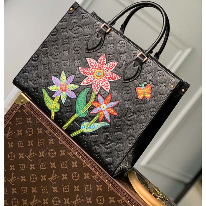 Louis Vuitton LV Women LV x YK OnTheGo MM Black Embossed Grained Monogram Cowhide Leather Flower