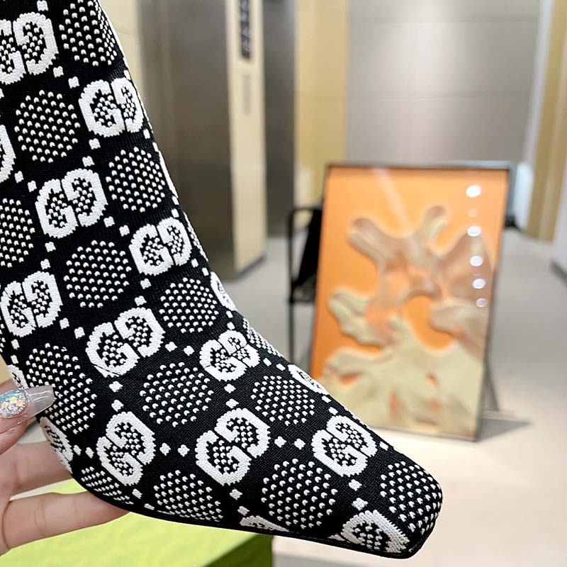 Gucci Women GG Knit Ankle Boots Black White GG Technical Fabric Leather Mid-Heel