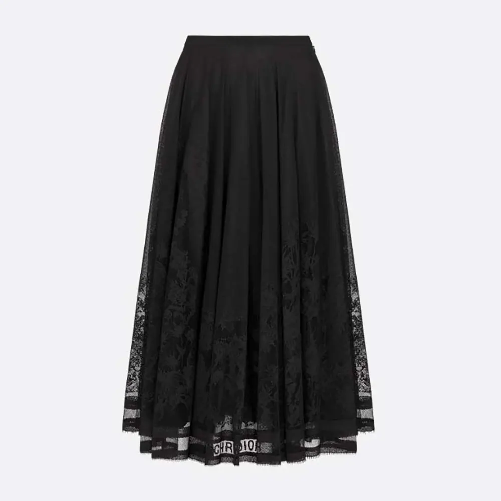 Dior Women Flared Mid-Length Skirt Black Dior Chardons Cotton-Blend Lace