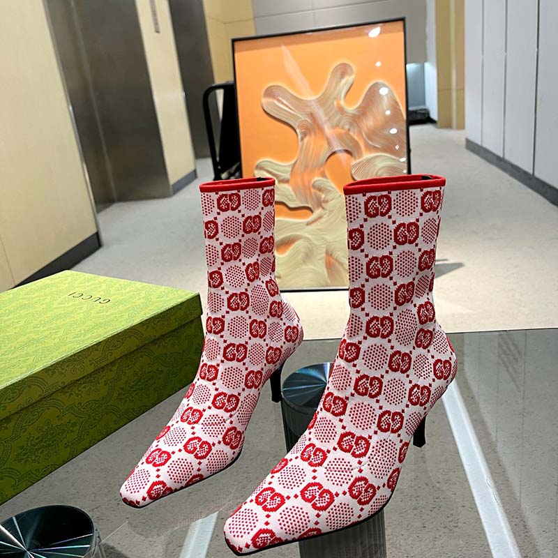 Gucci Women GG Knit Ankle Boots Pink Red GG Technical Fabric Leather Mid-Heel