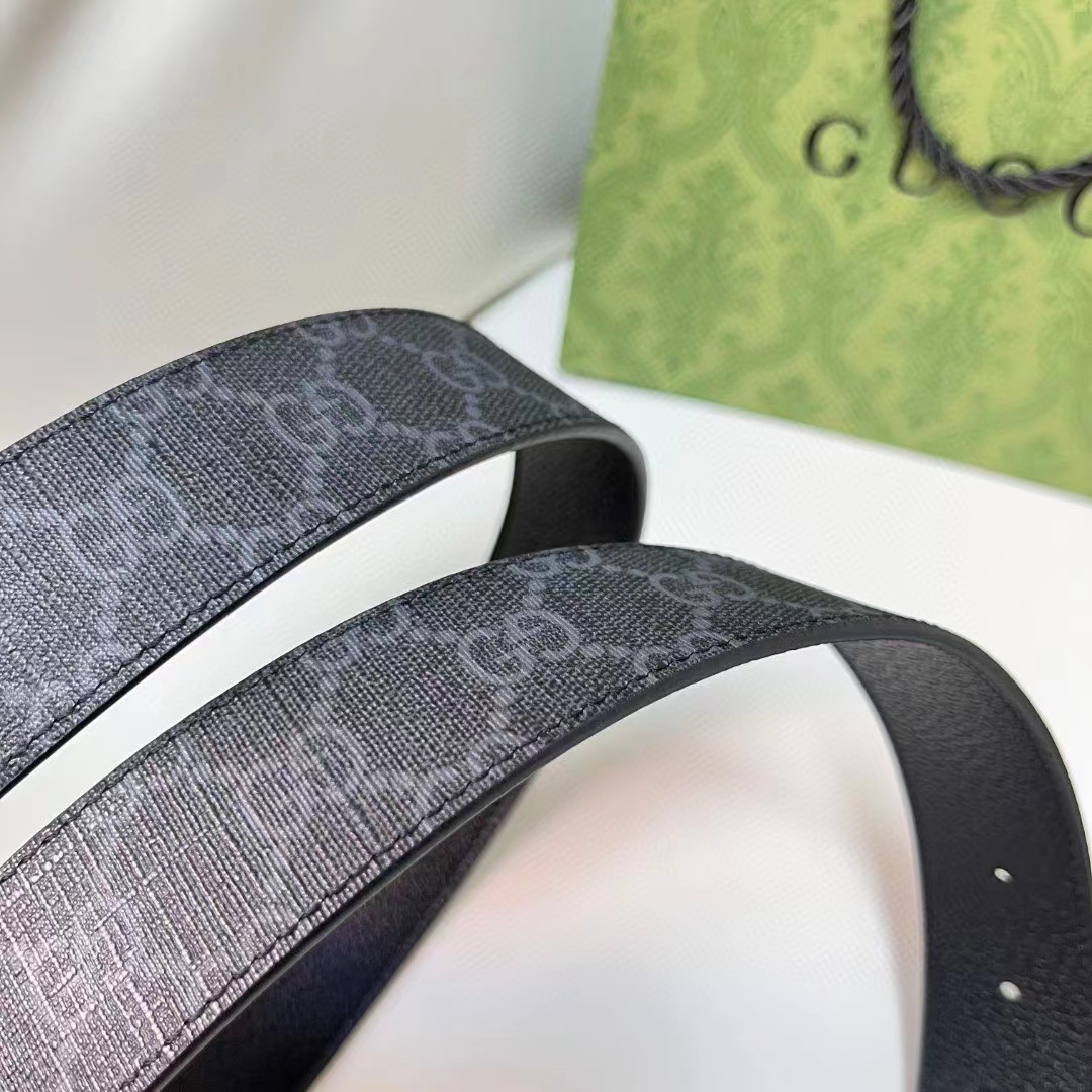 Gucci Unisex Reversible Belt Square G Buckle Black GG Supreme Canvas Reverses Leather