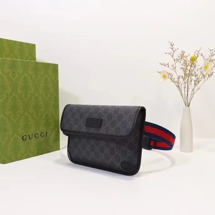 Gucci Unisex GG Black Belt Bag Black Grey GG Supreme Canvas Leather Trim