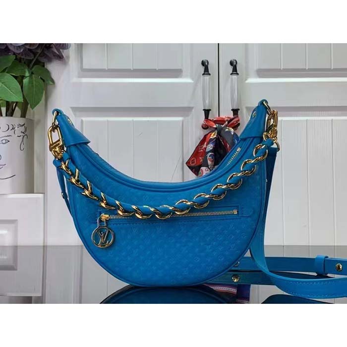 Louis Vuitton LV Women Loop Half-Moon Baguette Bag Blue Calfskin Monogram Flowers
