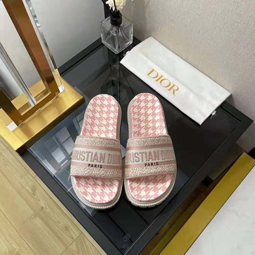 Dior Women Dway Slide Peony Pink Embroidered Cotton with Micro Houndstooth Motif