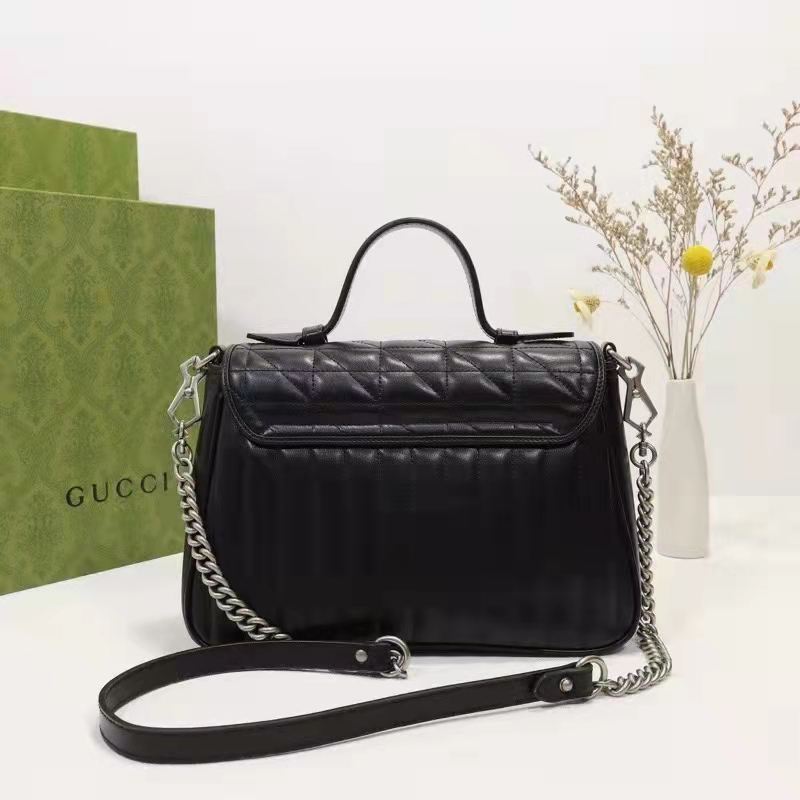 Gucci Unisex GG Marmont Small Top Handle Bag Black Matelassé Leather Double G